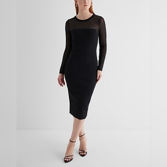 Express Dresses & Skirts - Express Cocktail & Party Body Contour Mesh Crew Neck Long Sleeve Midi
